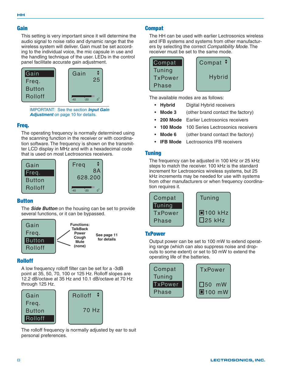 Gain, Freq, Button | Rolloff, Compat, Tuning, Txpower | Lectrosonics HH User Manual | Page 8 / 16