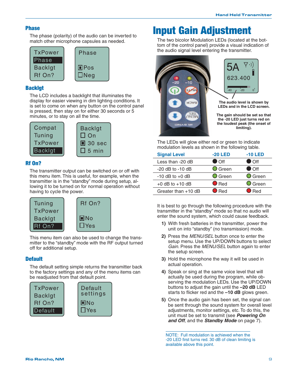 Input gain adjustment, Phase, Backlgt | Rf on, Default | Lectrosonics HH User Manual | Page 9 / 16