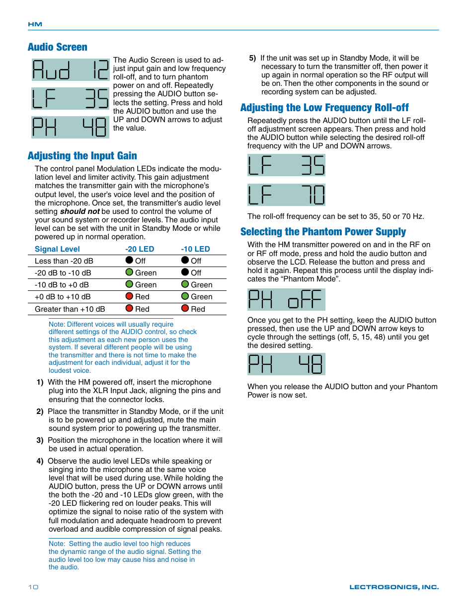 Audio screen, Adjusting the input gain, Adjusting the low frequency roll-off | Selecting the phantom power supply | Lectrosonics HM User Manual | Page 10 / 20