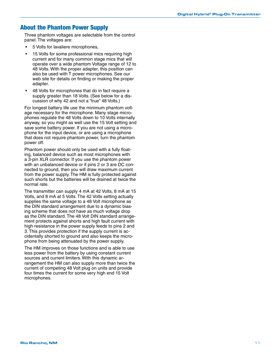About the phantom power supply | Lectrosonics HM User Manual | Page 11 / 20