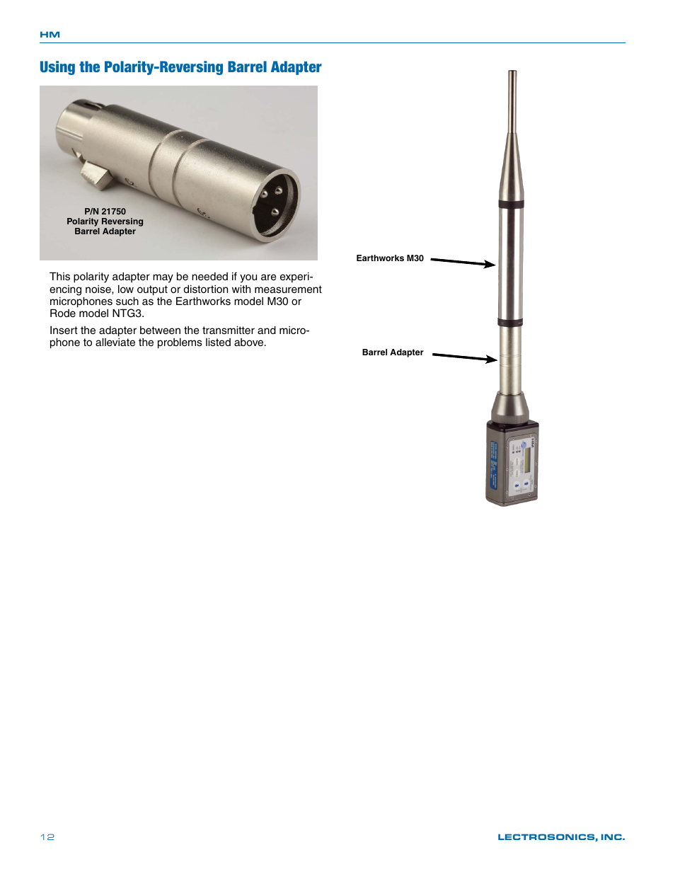 Using the polarity-reversing barrel adapter | Lectrosonics HM User Manual | Page 12 / 20