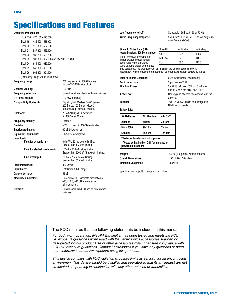 Specifications and features | Lectrosonics HM User Manual | Page 16 / 20