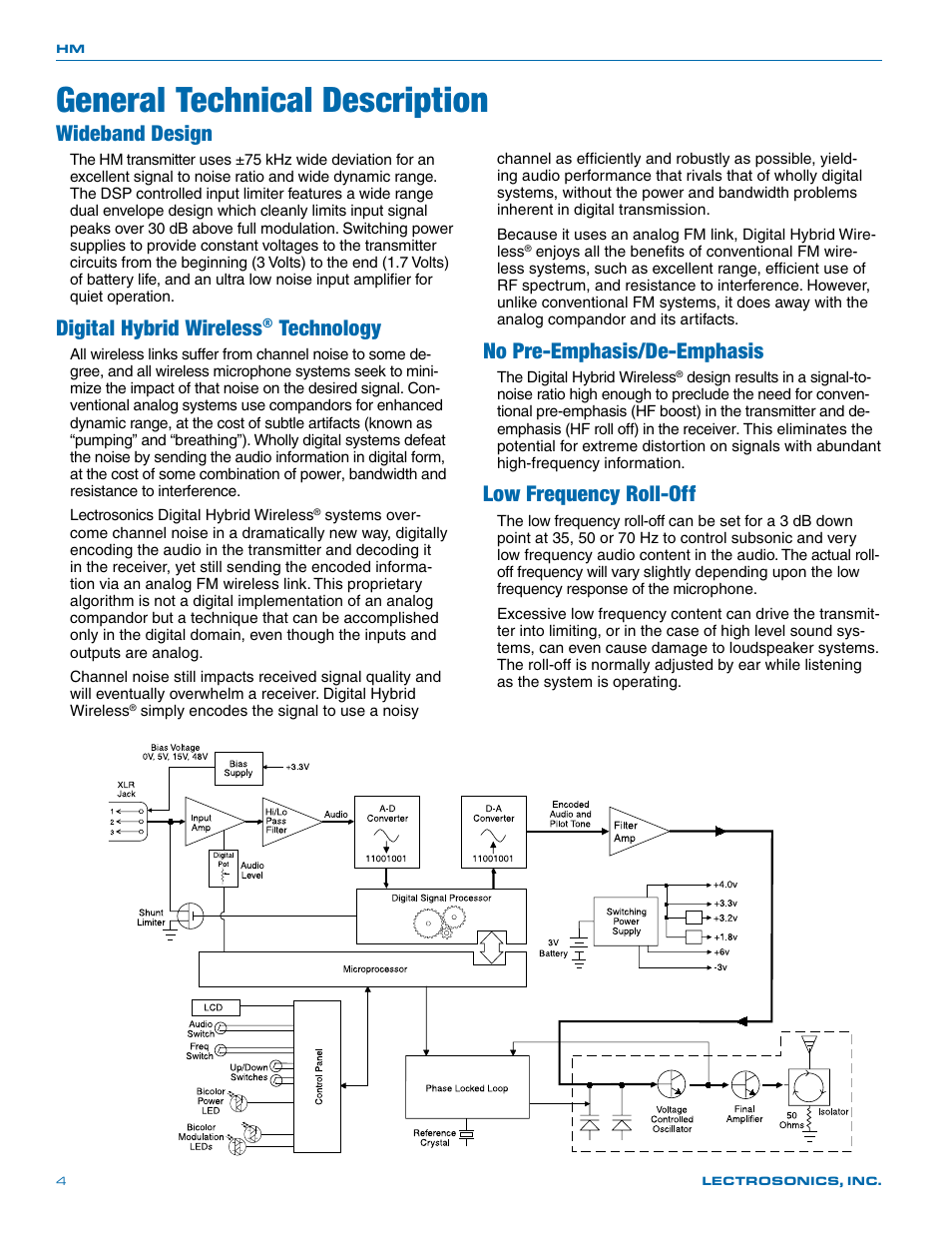 General technical description, Wideband design, Digital hybrid wireless | Technology, No pre-emphasis/de-emphasis, Low frequency roll-off | Lectrosonics HM User Manual | Page 4 / 20