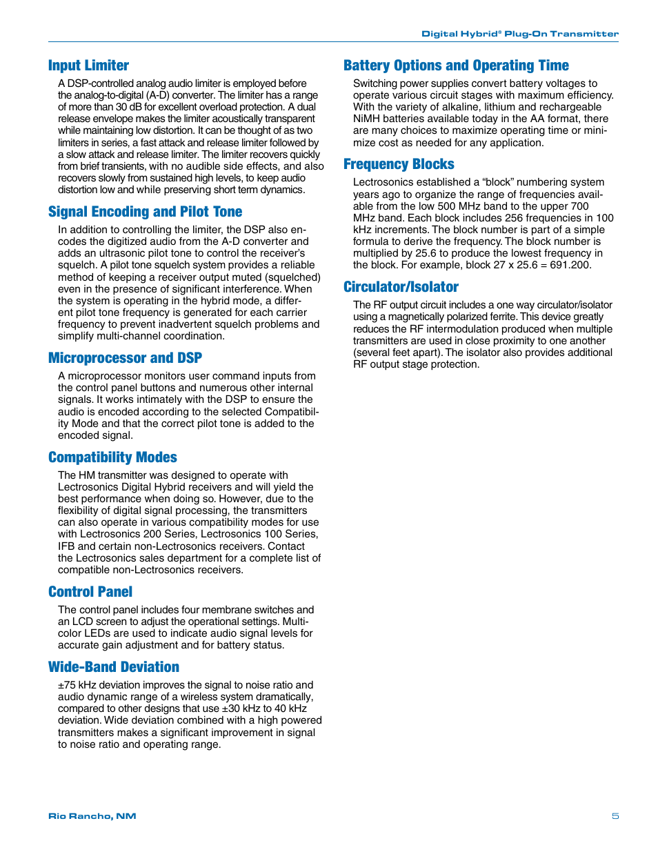 Input limiter, Signal encoding and pilot tone, Microprocessor and dsp | Compatibility modes, Control panel, Wide-band deviation, Battery options and operating time, Frequency blocks, Circulator/isolator | Lectrosonics HM User Manual | Page 5 / 20