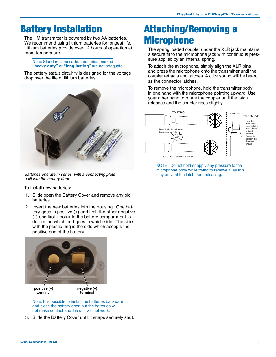 Battery installation, Attaching/removing a microphone | Lectrosonics HM User Manual | Page 7 / 20