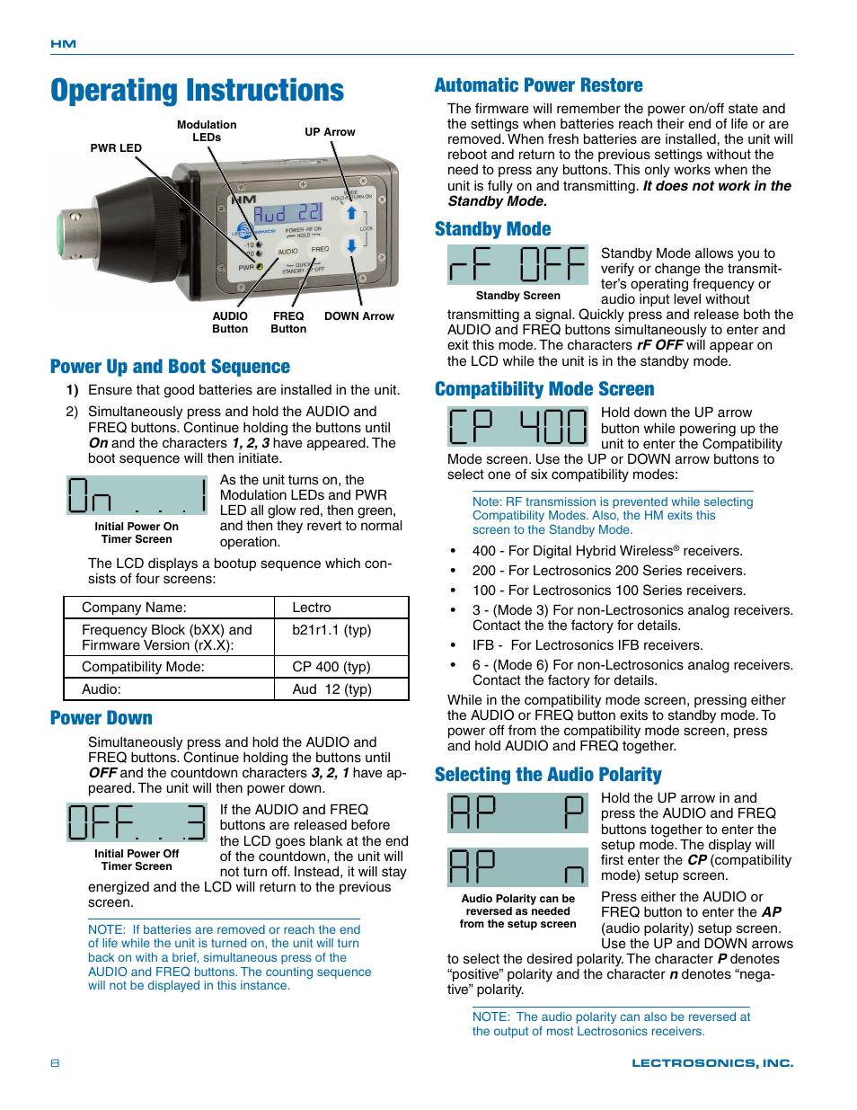 Operating instructions, Power up and boot sequence, Power down | Standby mode, Compatibility mode screen, Selecting the audio polarity, Automatic power restore | Lectrosonics HM User Manual | Page 8 / 20