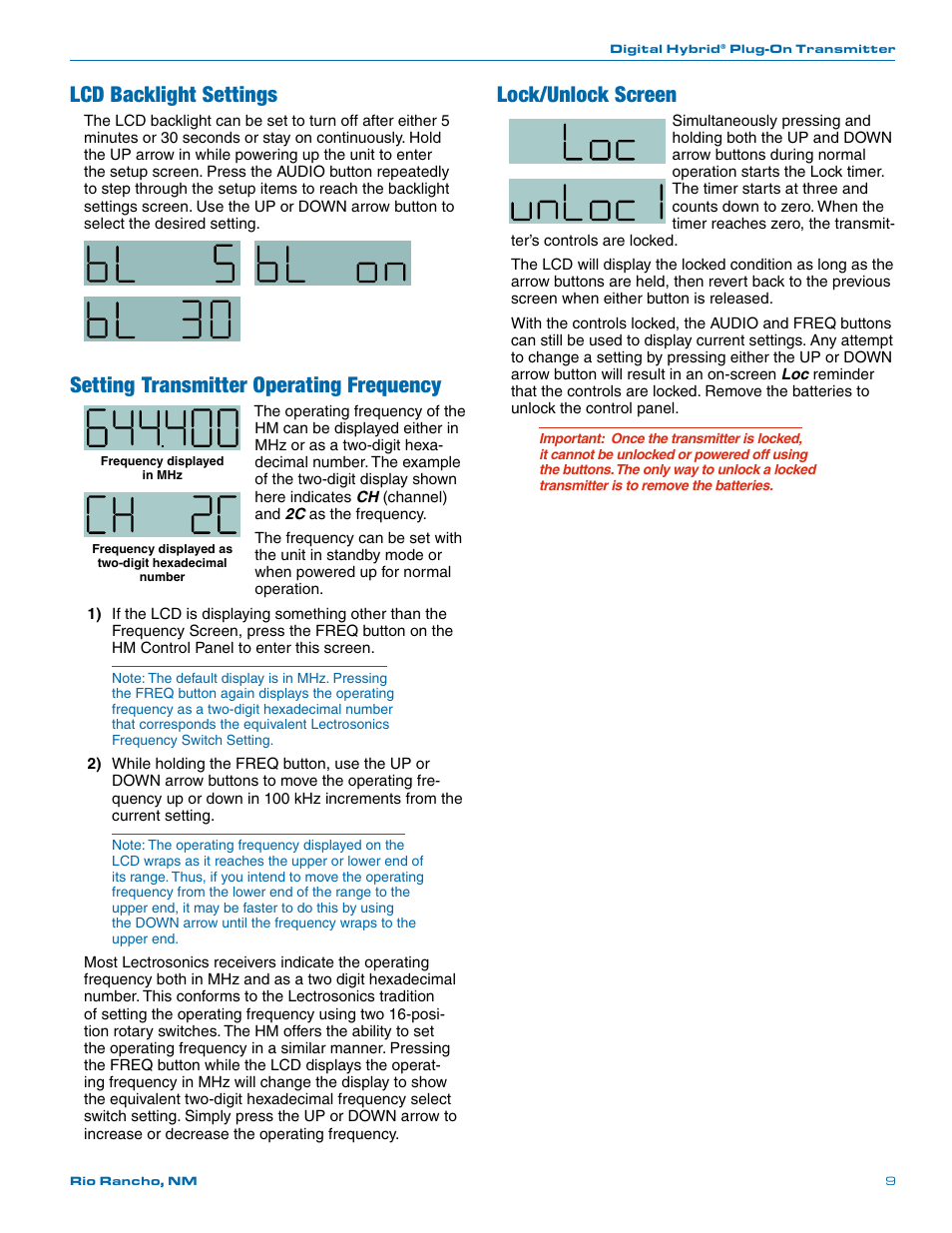 Setting transmitter operating frequency, Lock/unlock screen, Lcd backlight settings | Lectrosonics HM User Manual | Page 9 / 20