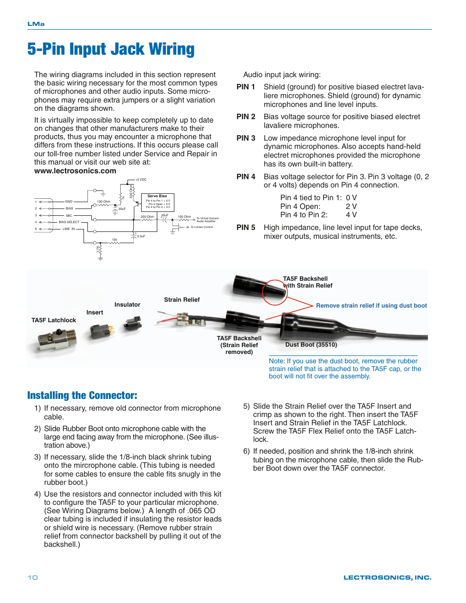 Pin input jack wiring, Installing the connector | Lectrosonics LMa User Manual | Page 10 / 20