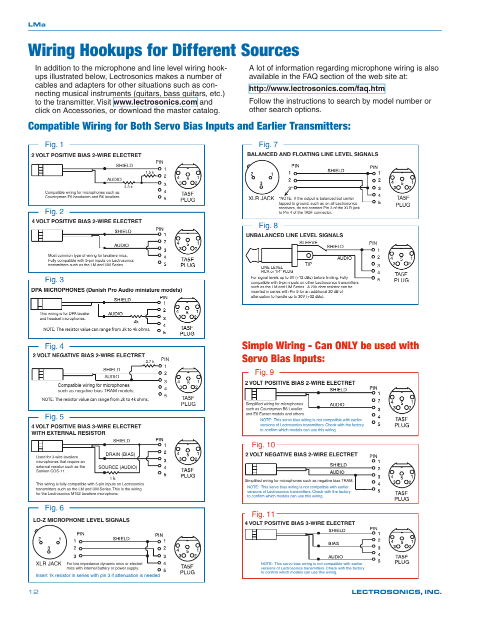 Wiring hookups for different sources, Fig. 7, Fig. 1 | Fig. 2, Fig. 8, Fig. 4, Fig. 5 fig. 11, Fig. 9 fig. 3, Fig. 10, Fig. 6 | Lectrosonics LMa User Manual | Page 12 / 20