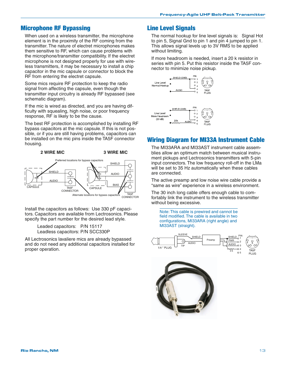Microphone rf bypassing, Line level signals, Wiring diagram for mi33a instrument cable | Lectrosonics LMa User Manual | Page 13 / 20