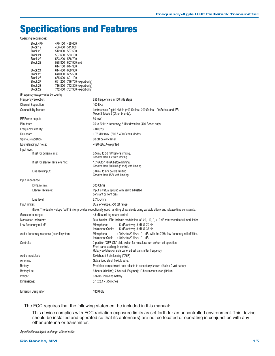 Specifications and features | Lectrosonics LMa User Manual | Page 15 / 20