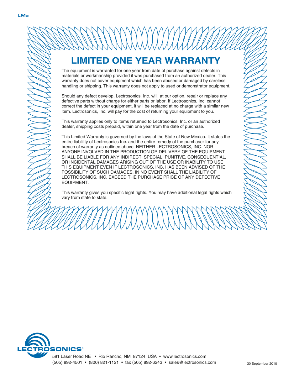 Limited one year warranty | Lectrosonics LMa User Manual | Page 20 / 20