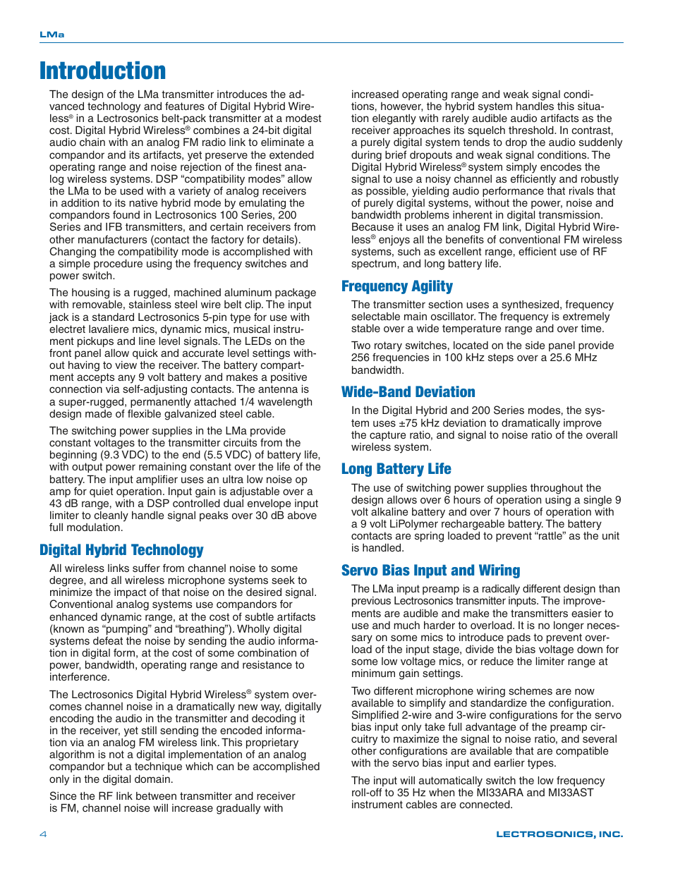 Introduction, Digital hybrid technology, Frequency agility | Wide-band deviation, Long battery life, Servo bias input and wiring | Lectrosonics LMa User Manual | Page 4 / 20