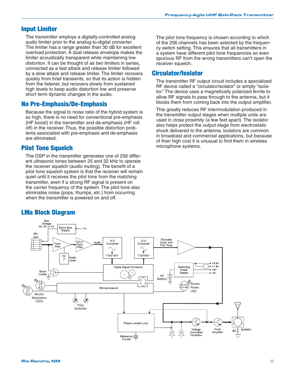 Input limiter, No pre-emphasis/de-emphasis, Pilot tone squelch | Circulator/isolator, Lma block diagram | Lectrosonics LMa User Manual | Page 5 / 20