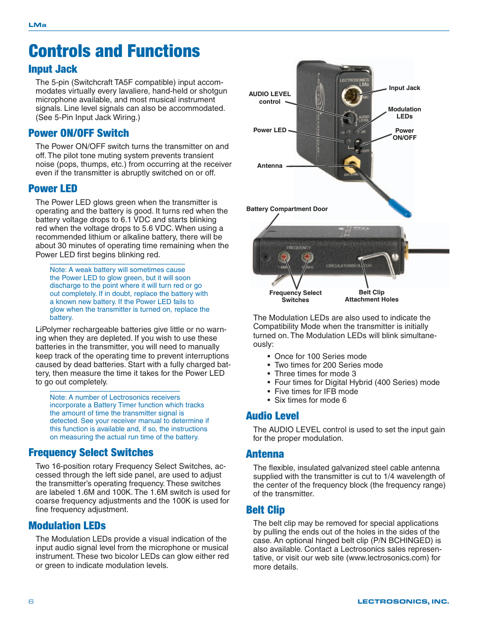 Controls and functions, Input jack, Power on/off switch | Power led, Frequency select switches, Modulation leds, Audio level, Antenna, Belt clip | Lectrosonics LMa User Manual | Page 6 / 20