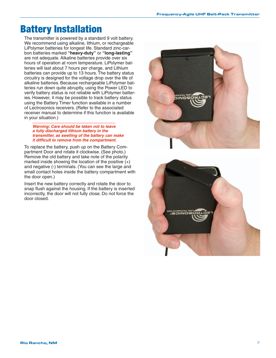 Battery installation | Lectrosonics LMa User Manual | Page 7 / 20