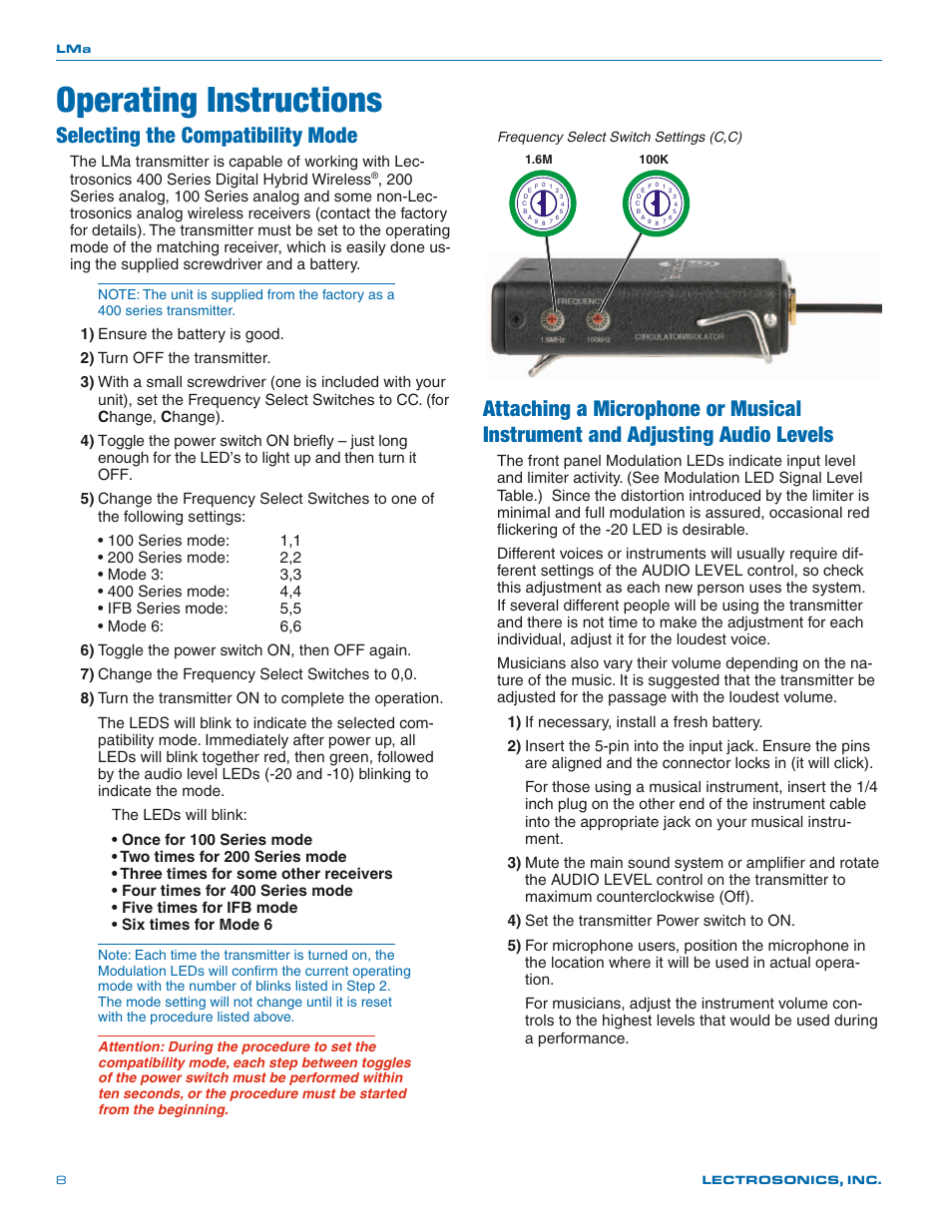 Operating instructions, Selecting the compatibility mode | Lectrosonics LMa User Manual | Page 8 / 20