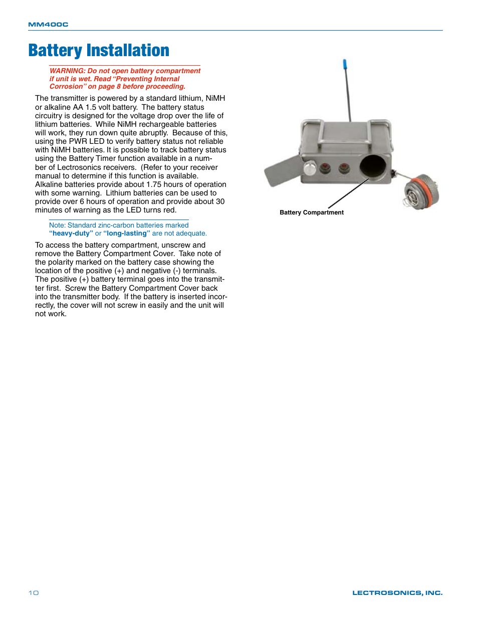 Battery installation | Lectrosonics MM400c User Manual | Page 10 / 20