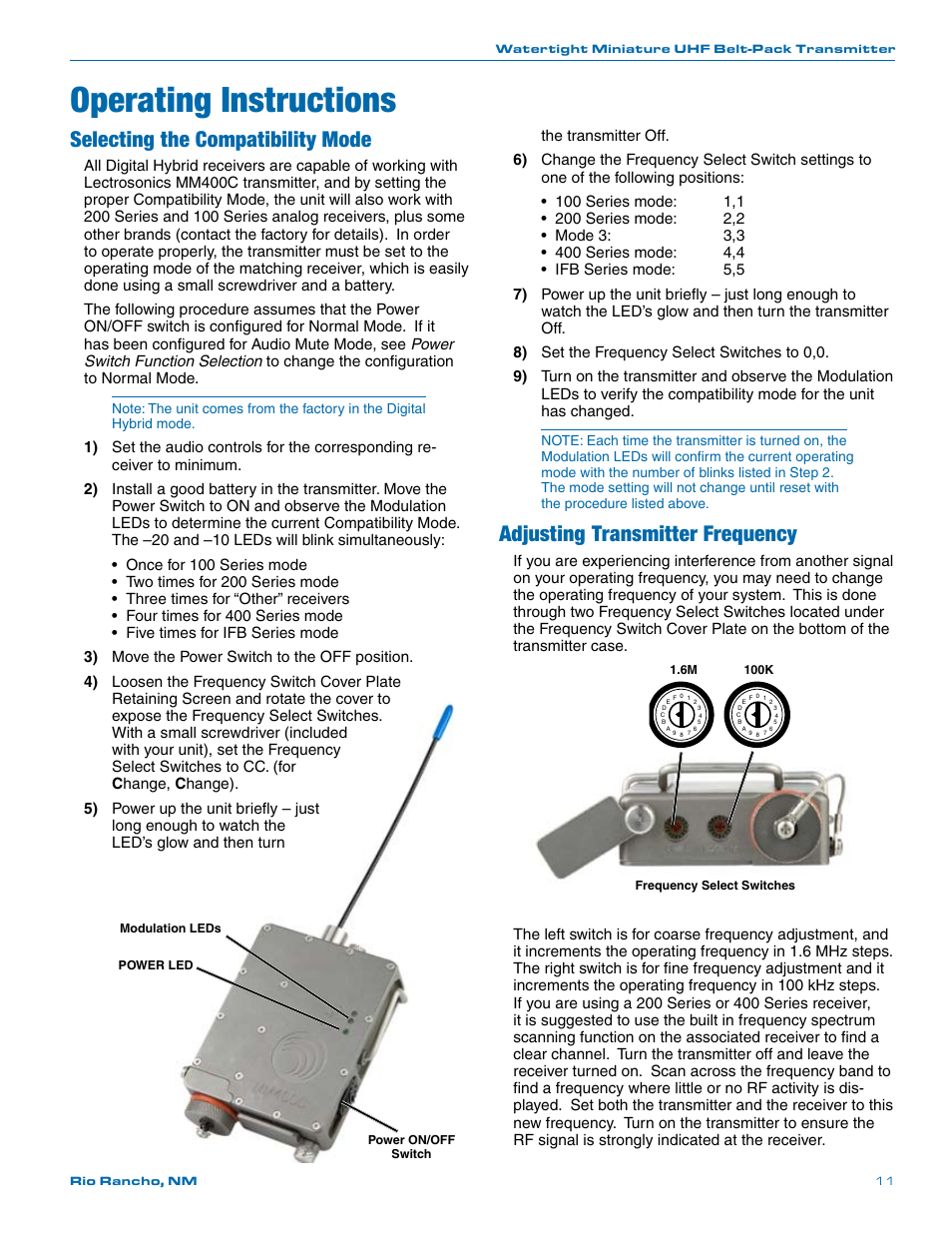 Operating instructions, Adjusting transmitter frequency, Selecting the compatibility mode | Lectrosonics MM400c User Manual | Page 11 / 20