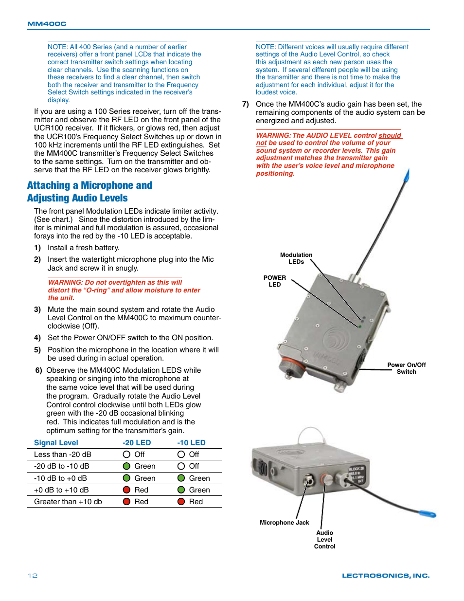 Attaching a microphone and adjusting audio levels | Lectrosonics MM400c User Manual | Page 12 / 20