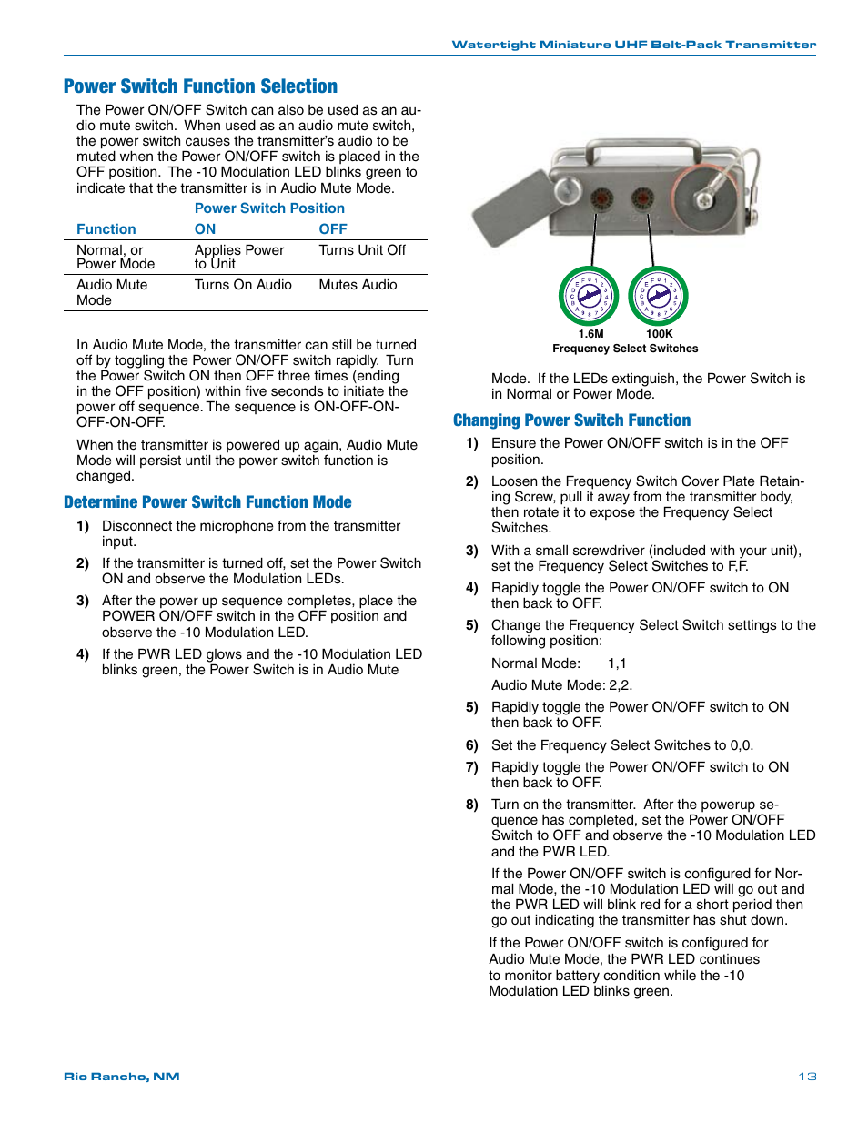 Power switch function selection, Determine power switch function mode, Changing power switch function | Lectrosonics MM400c User Manual | Page 13 / 20