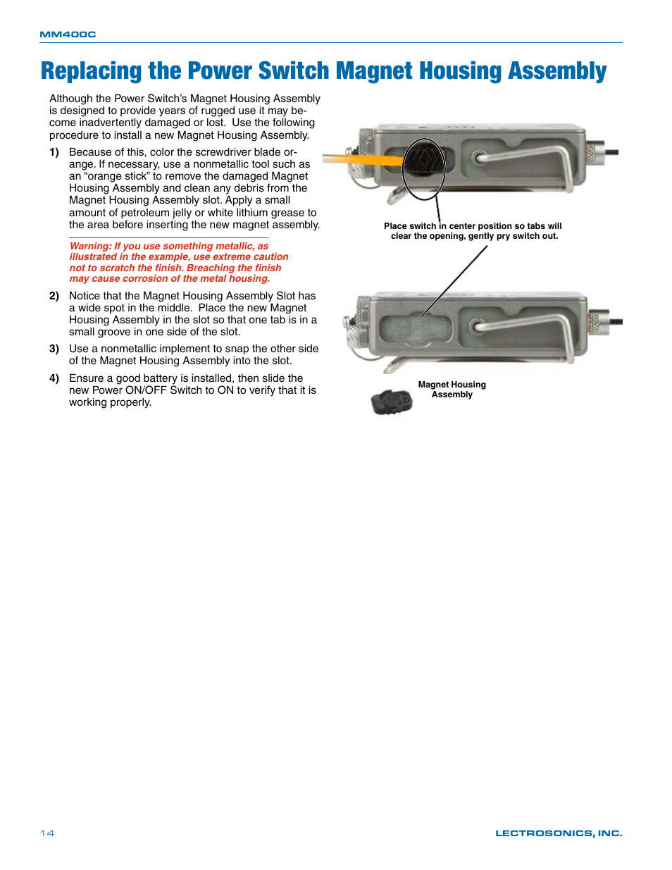 Replacing the power switch magnet housing assembly | Lectrosonics MM400c User Manual | Page 14 / 20