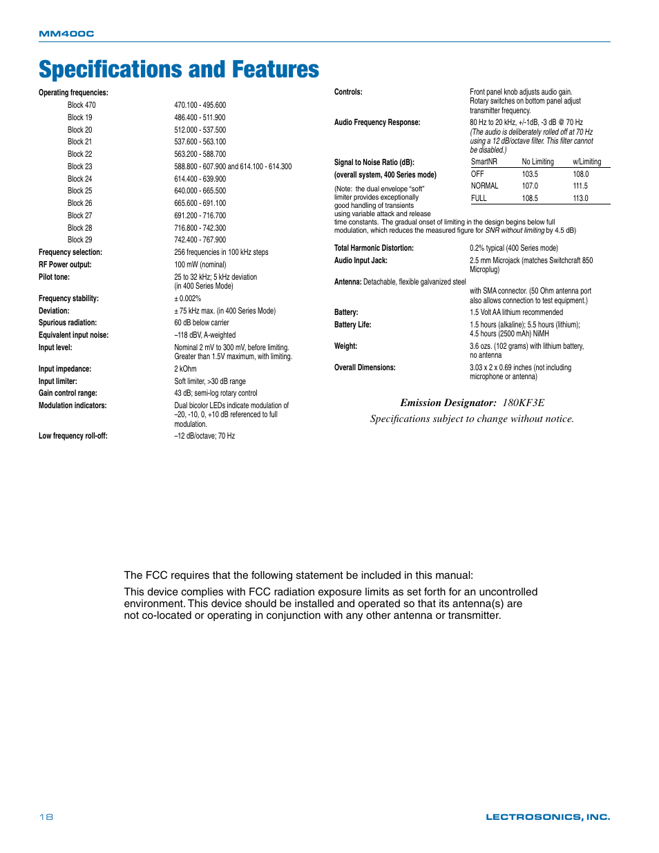 Specifications and features | Lectrosonics MM400c User Manual | Page 18 / 20