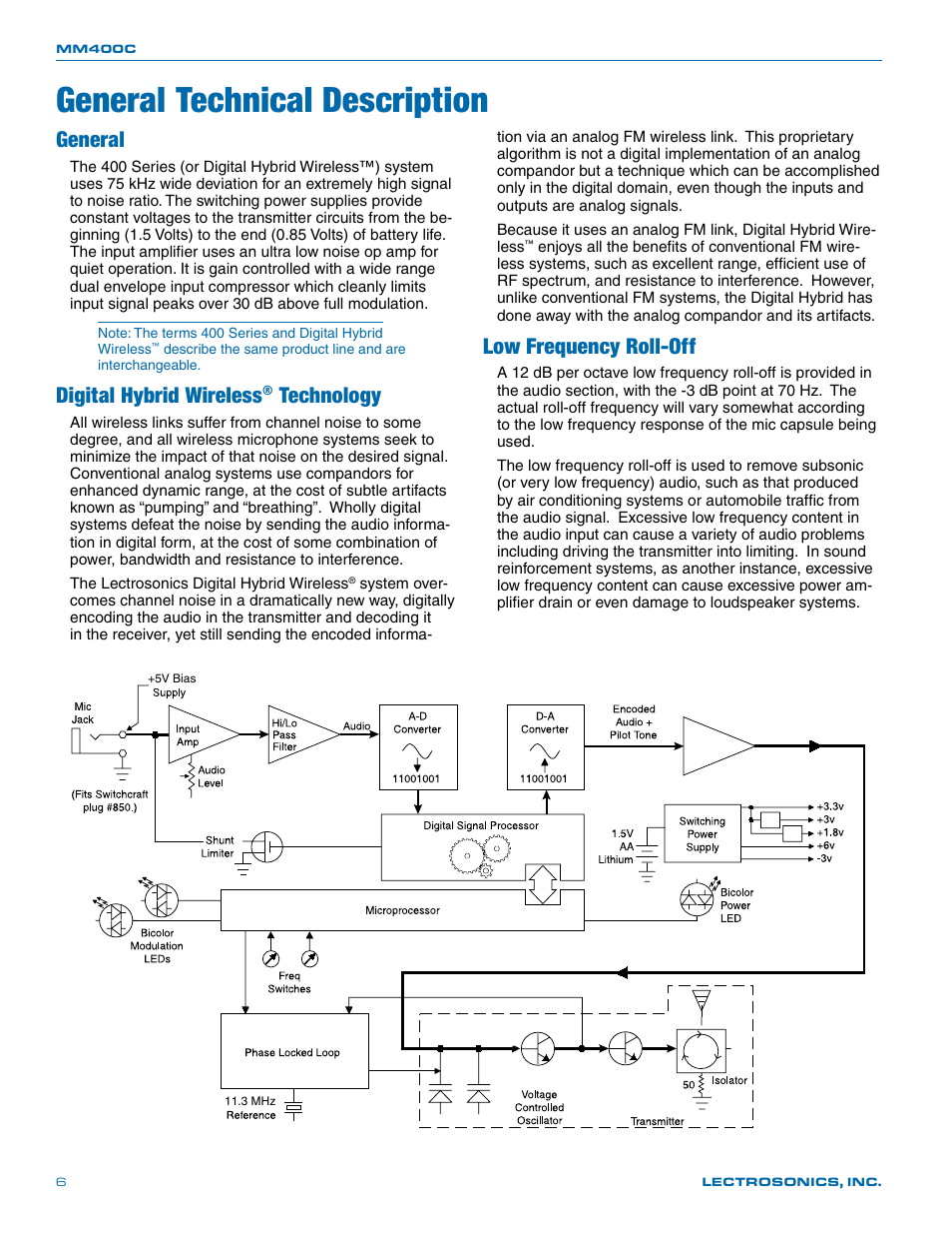 General technical description, General, Digital hybrid wireless | Technology, Low frequency roll-off | Lectrosonics MM400c User Manual | Page 6 / 20