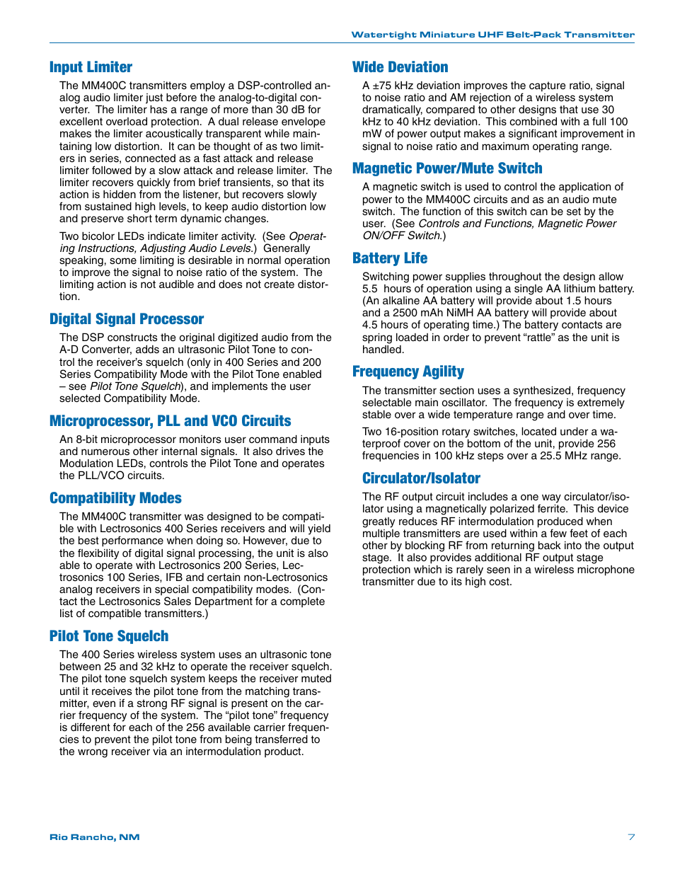 Input limiter, Digital signal processor, Microprocessor, pll and vco circuits | Compatibility modes, Pilot tone squelch, Wide deviation, Magnetic power/mute switch, Battery life, Frequency agility, Circulator/isolator | Lectrosonics MM400c User Manual | Page 7 / 20