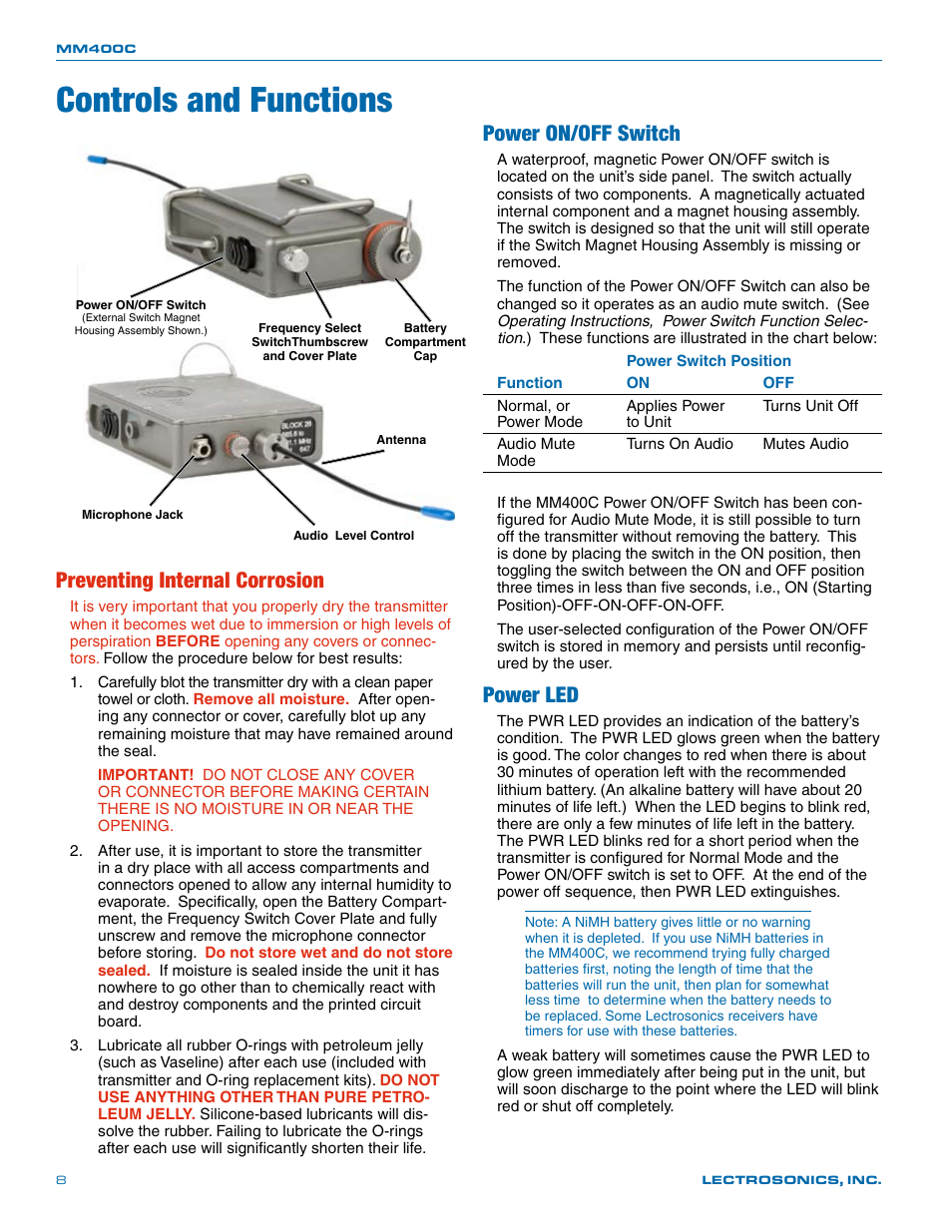 Controls and functions, Preventing internal corrosion, Power on/off switch | Power led | Lectrosonics MM400c User Manual | Page 8 / 20