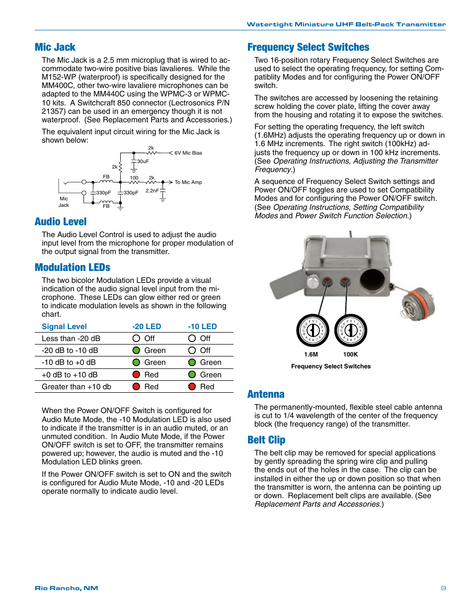 Mic jack, Audio level, Modulation leds | Frequency select switches, Antenna, Belt clip | Lectrosonics MM400c User Manual | Page 9 / 20