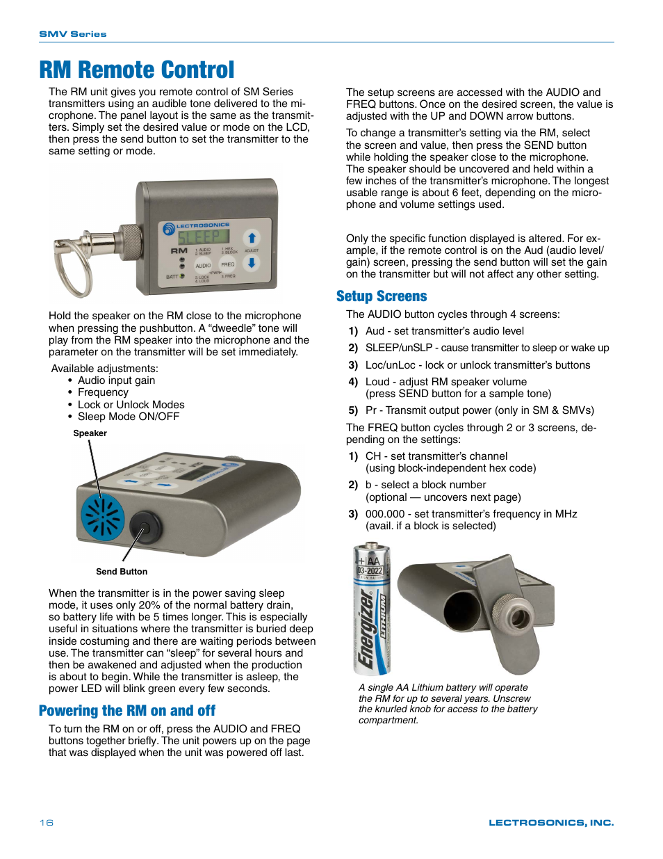 Rm remote control, Powering the rm on and off, Setup screens | Lectrosonics SMV User Manual | Page 16 / 28