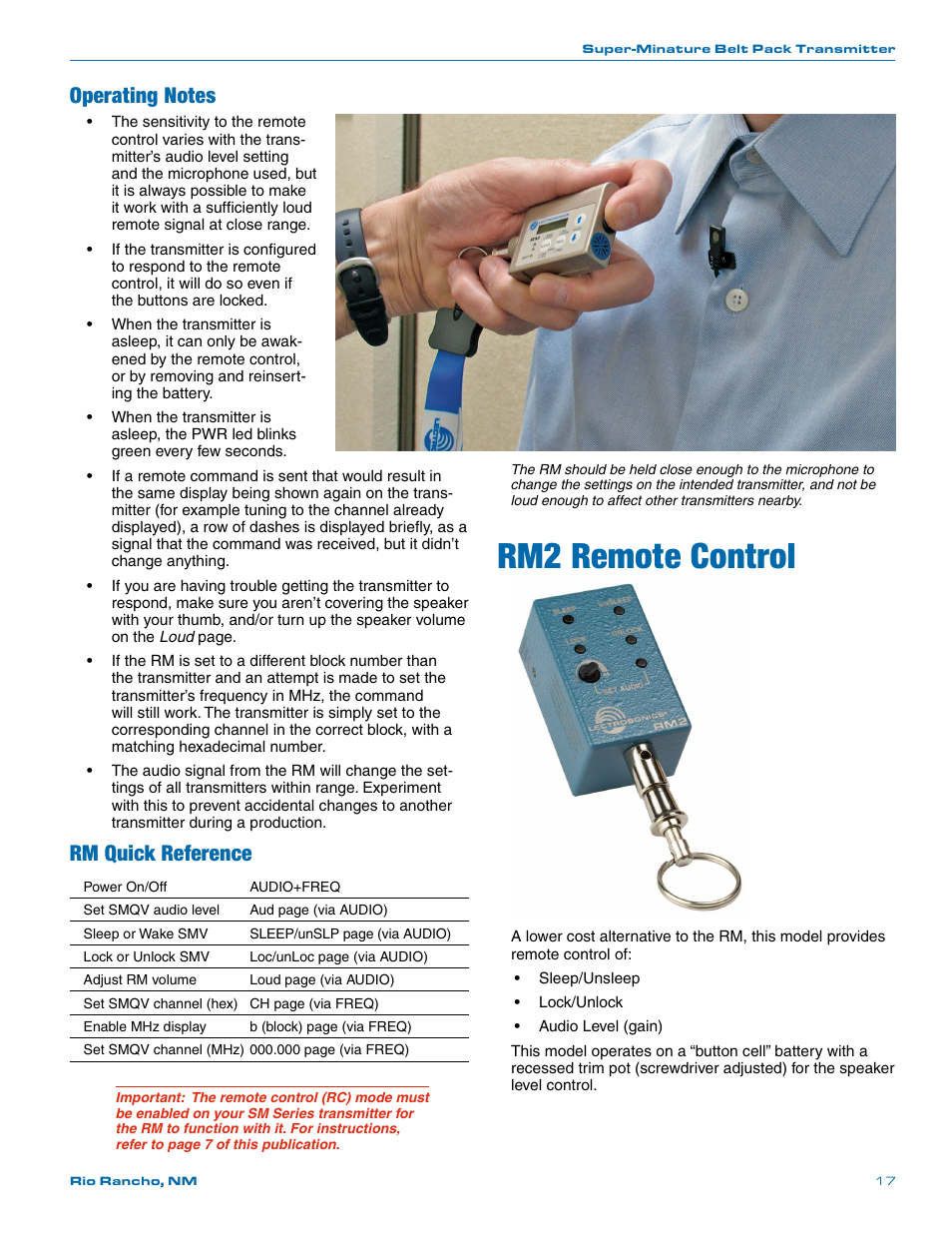 Operating notes, Rm quick reference, Rm2 remote control | Lectrosonics SMV User Manual | Page 17 / 28