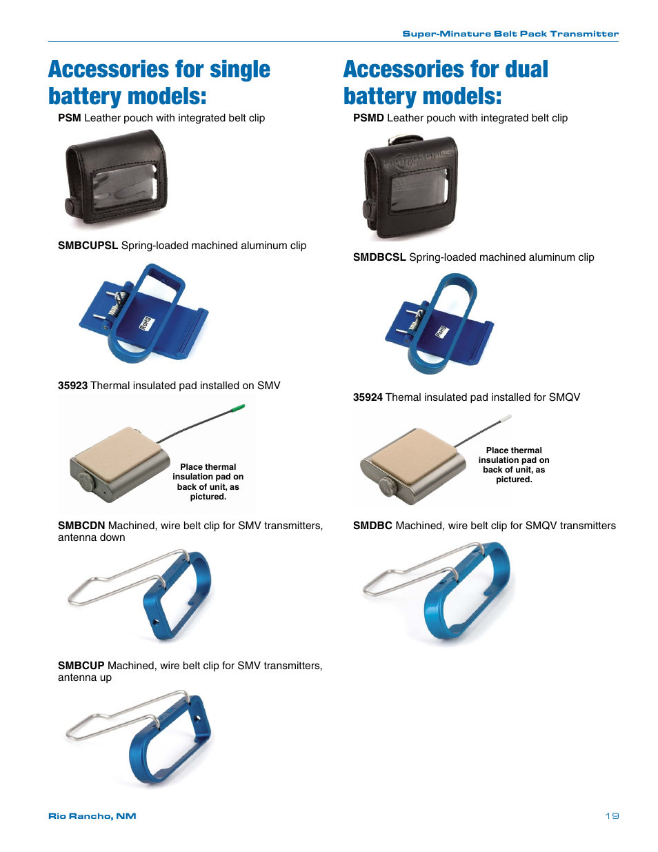 Accessories for single battery models, Accessories for dual battery models | Lectrosonics SMV User Manual | Page 19 / 28