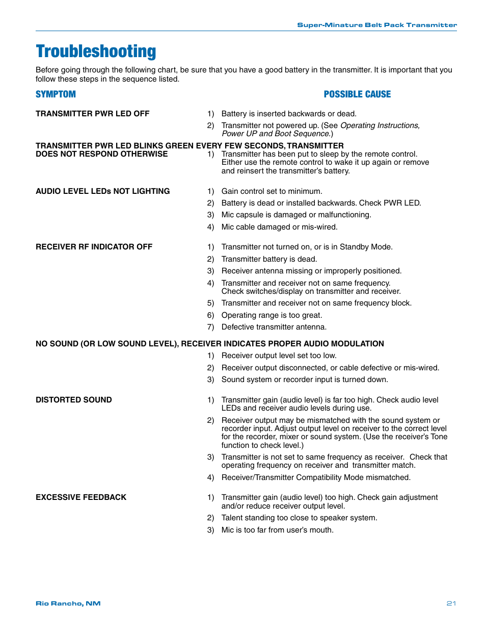 Troubleshooting, Symptom possible cause | Lectrosonics SMV User Manual | Page 21 / 28