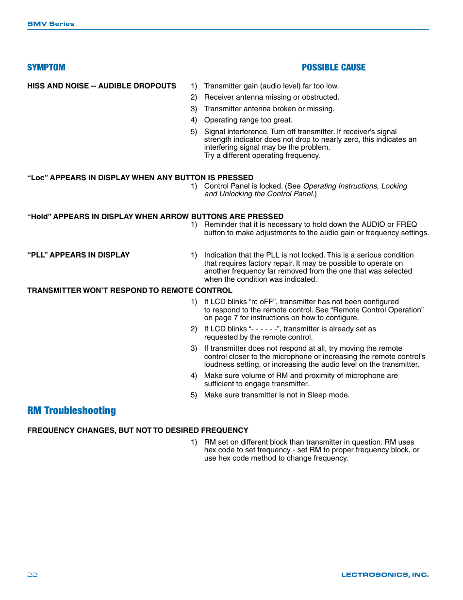 Rm troubleshooting, Symptom possible cause | Lectrosonics SMV User Manual | Page 22 / 28