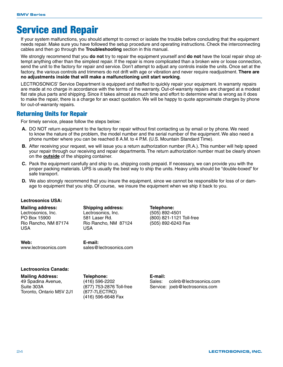 Service and repair, Returning units for repair | Lectrosonics SMV User Manual | Page 24 / 28