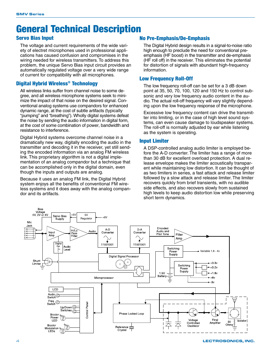 General technical description, Servo bias input, Digital hybrid wireless | Technology, No pre-emphasis/de-emphasis, Low frequency roll-off, Input limiter | Lectrosonics SMV User Manual | Page 4 / 28