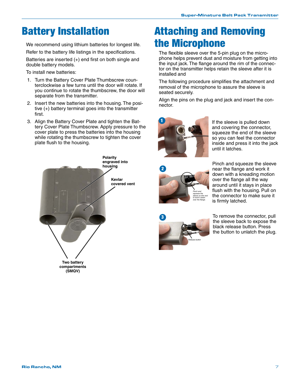 Battery installation, Attaching and removing the microphone | Lectrosonics SMV User Manual | Page 7 / 28