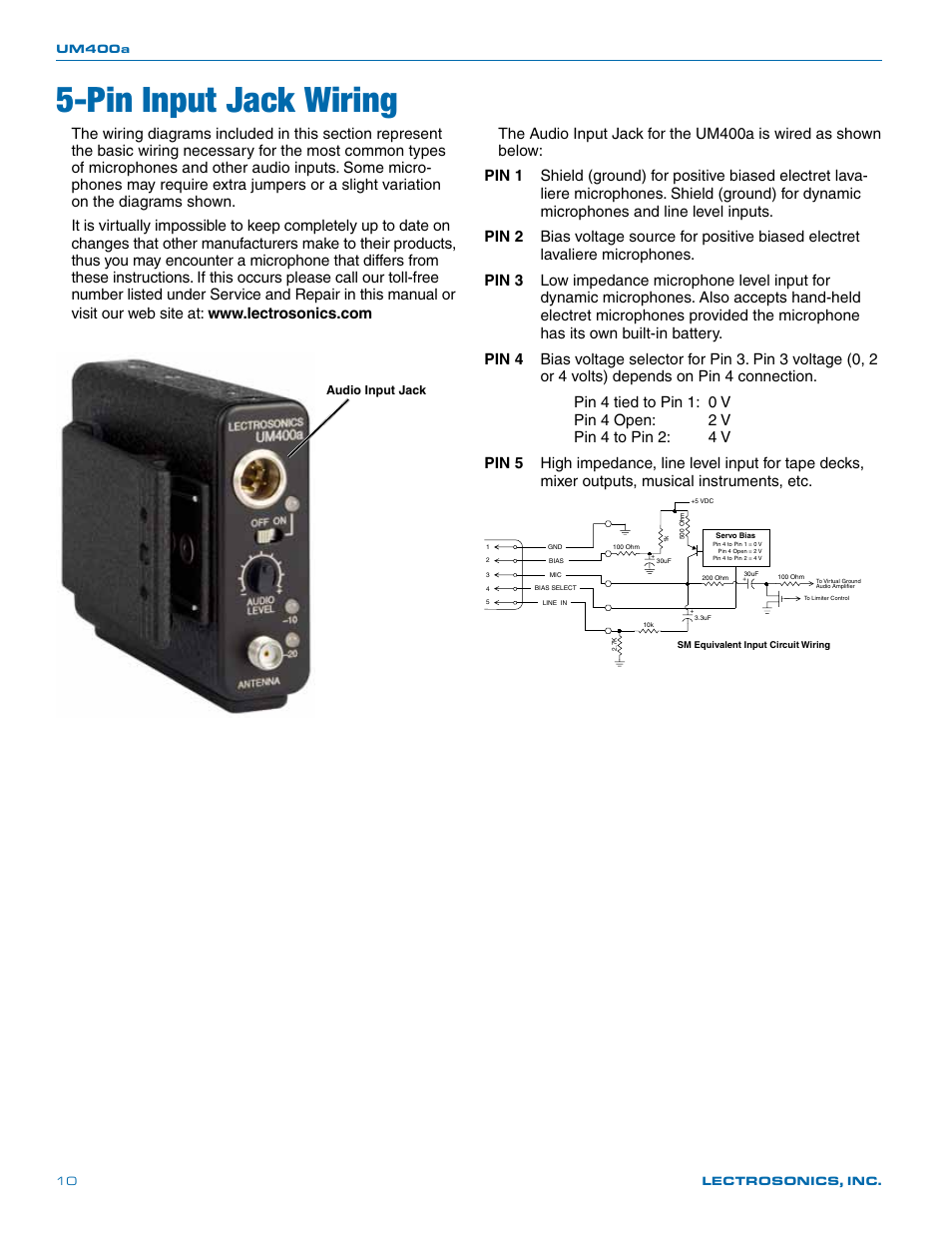 Pin input jack wiring | Lectrosonics UM400a User Manual | Page 10 / 20