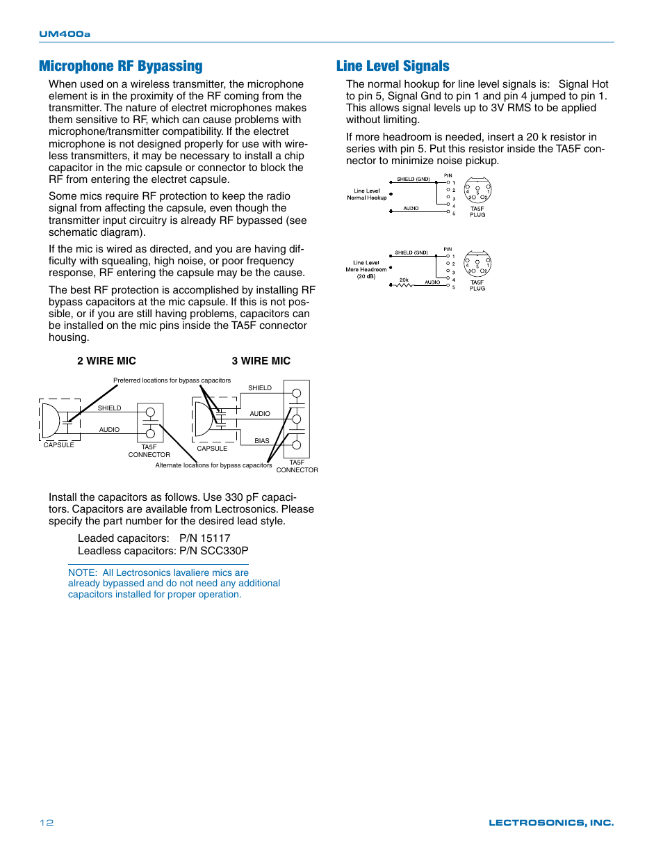 Microphone rf bypassing, Line level signals | Lectrosonics UM400a User Manual | Page 12 / 20