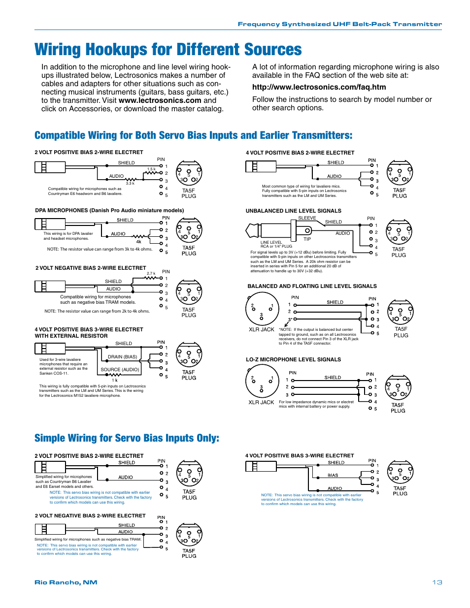 Wiring hookups for different sources | Lectrosonics UM400a User Manual | Page 13 / 20