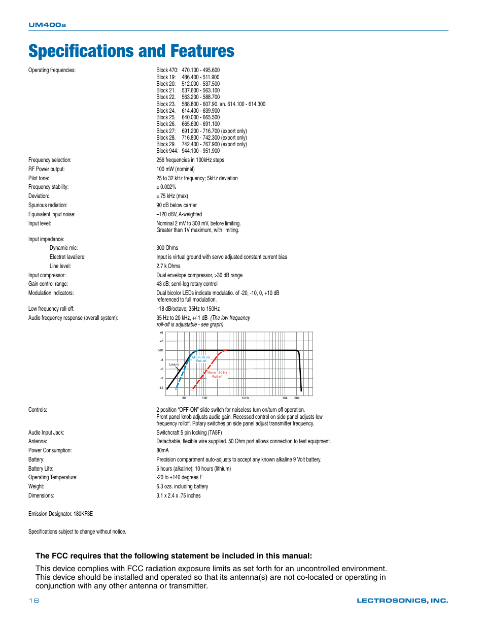 Specifications and features | Lectrosonics UM400a User Manual | Page 16 / 20