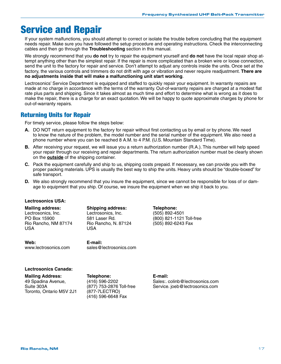 Service and repair, Returning units for repair | Lectrosonics UM400a User Manual | Page 17 / 20