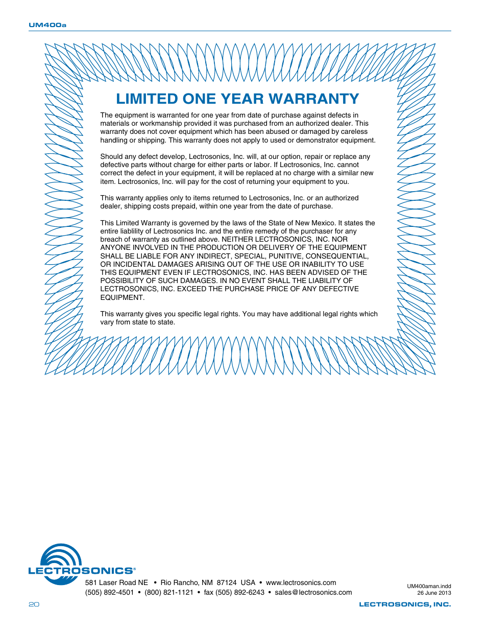 Limited one year warranty | Lectrosonics UM400a User Manual | Page 20 / 20