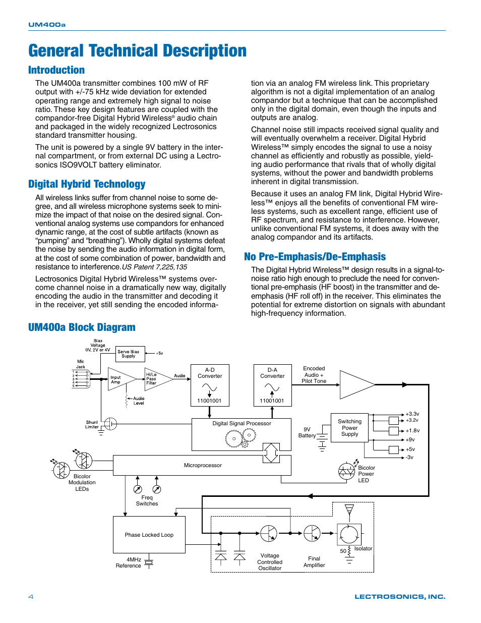 General technical description, Introduction, Digital hybrid technology | Um400a block diagram, No pre-emphasis/de-emphasis | Lectrosonics UM400a User Manual | Page 4 / 20