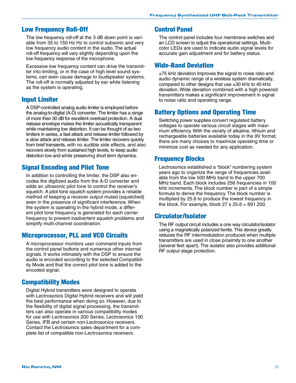 Low frequency roll-off, Input limiter, Signal encoding and pilot tone | Microprocessor, pll and vco circuits, Compatibility modes, Control panel, Wide-band deviation, Battery options and operating time, Frequency blocks, Circulator/isolator | Lectrosonics UM400a User Manual | Page 5 / 20