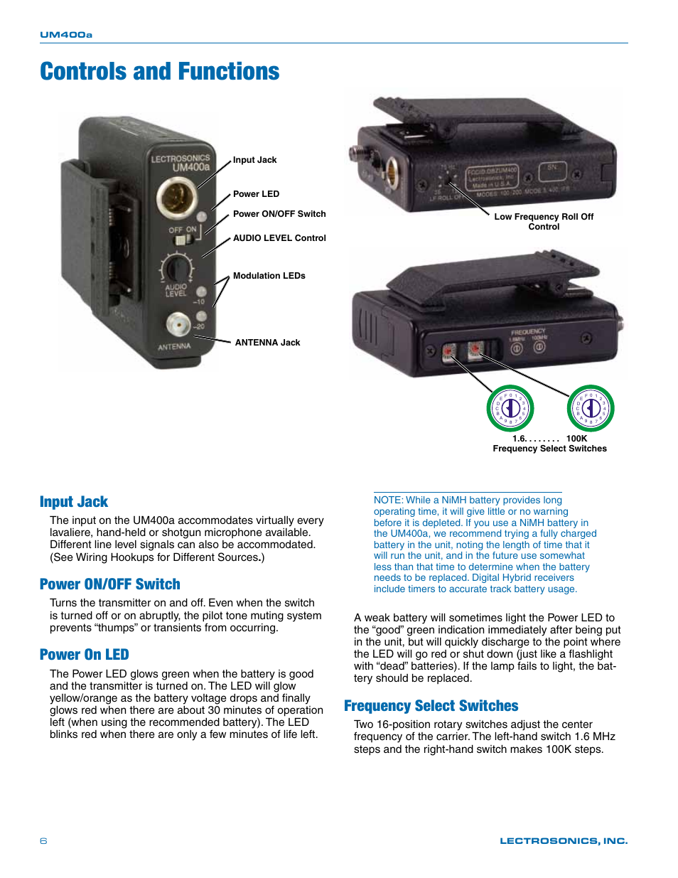 Controls and functions, Input jack, Power on/off switch | Power on led, Frequency select switches | Lectrosonics UM400a User Manual | Page 6 / 20