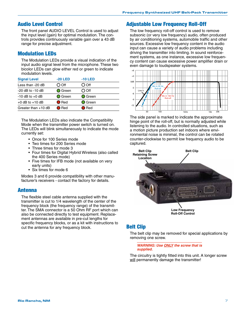 Audio level control, Modulation leds, Antenna | Adjustable low frequency roll-off, Belt clip | Lectrosonics UM400a User Manual | Page 7 / 20