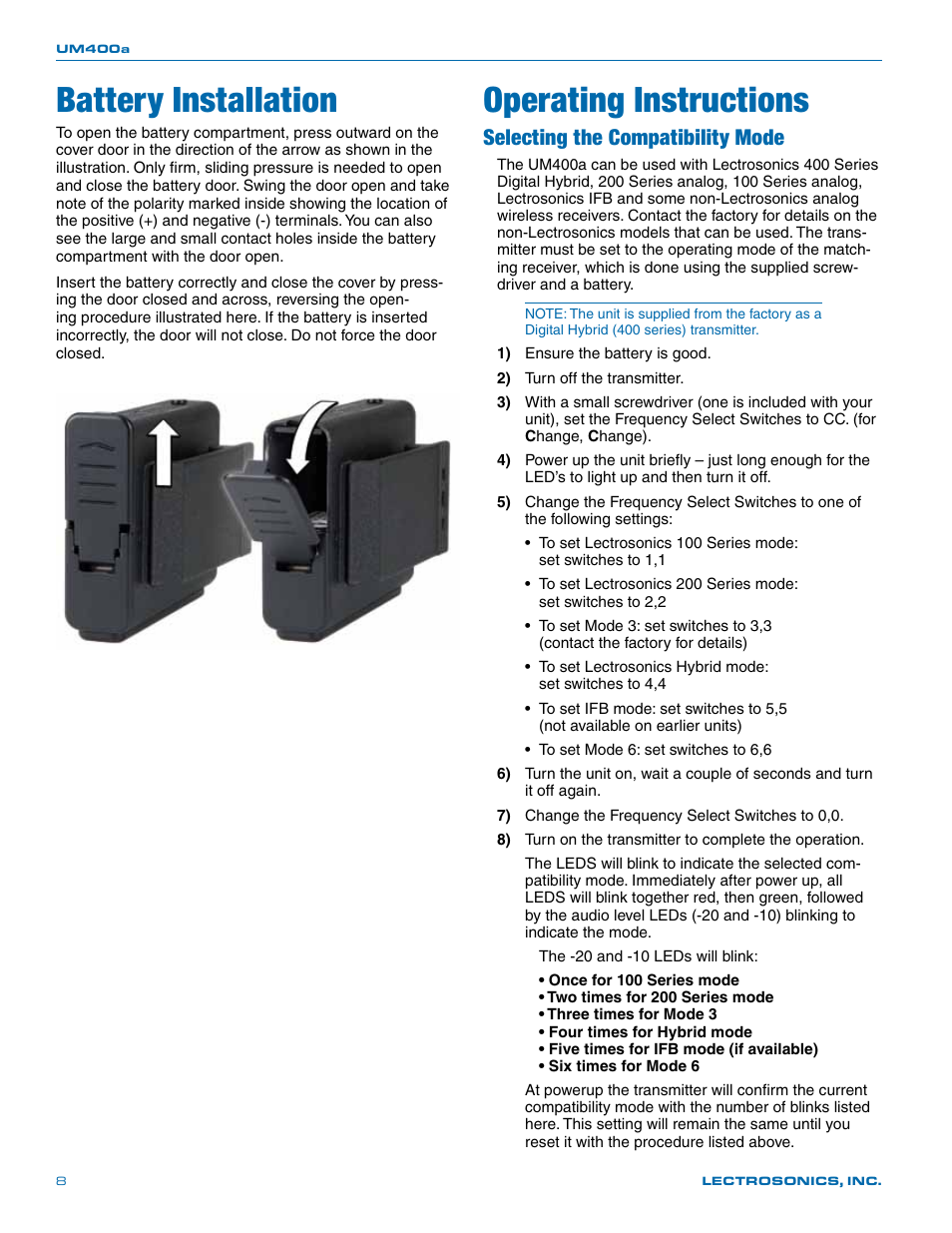 Battery installation, Operating instructions, Selecting the compatibility mode | Lectrosonics UM400a User Manual | Page 8 / 20